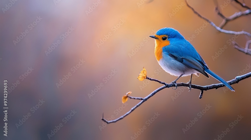 Obraz premium A blue bird perches atop a tree branch, adjacent to another laden with yellow and orange blooms