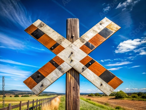 Rusty metal crossbuck sign with bold black and white stripes stands alone on a weathered wooden post against photo