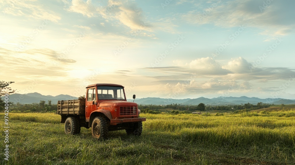 A South Asian agricultural vehicle parked in a field, with copy space. No people A South Asian agricultural vehicle parked in a field, with copy space. No people