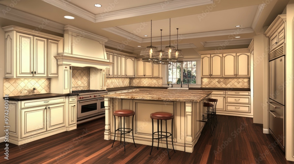 A spacious kitchen with a large island, white cabinets, hardwood floors, and a granite countertop. A spacious kitchen with a large island, white cabinets, hardwood floors, and a granite countertop.
