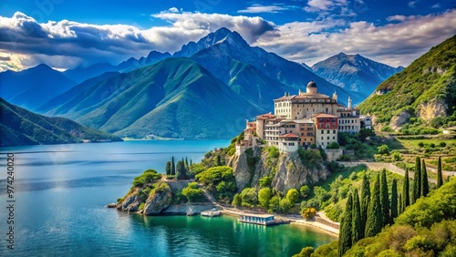 Sacred Mount Athos peninsula in Halkidiki, Greece, with lush green forests, serene blue waters, and majestic Orthodox photo