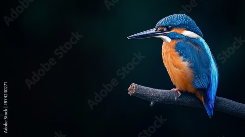  A blue and orange bird perched on a tree branch against a dark backdrop