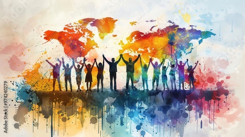 Silhouettes of people standing on a colorful world map, symbolizing global unity and diversity. photo