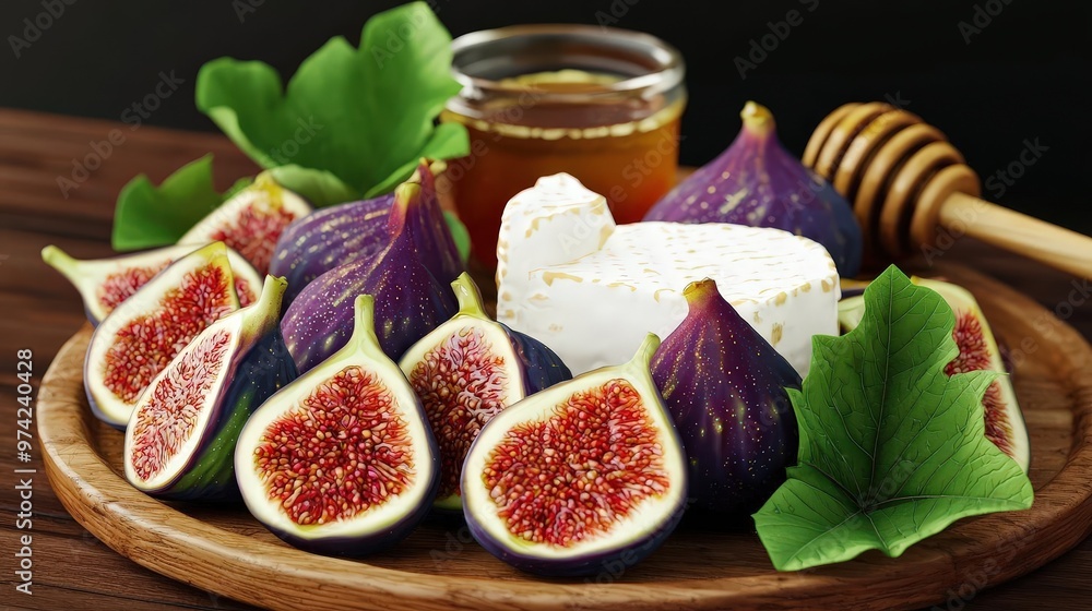 A vibrant display of fresh figs, cheese, and honey on a wooden platter, perfect for gourmet food styling and culinary presentations. A vibrant display of fresh figs, cheese, and honey on a wooden platter, perfect for gourmet food styling and culinary presentations.