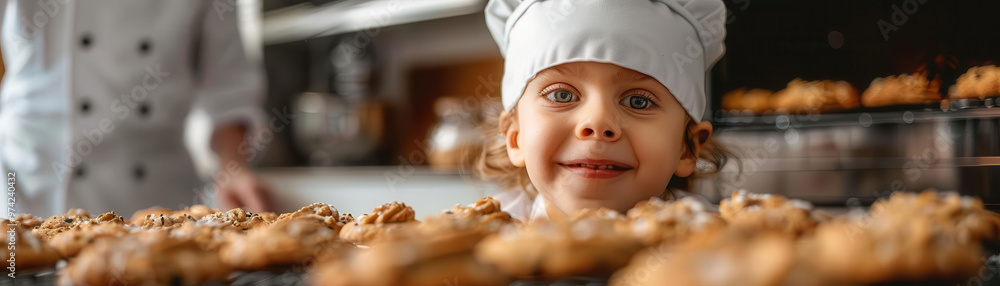 Smiling girl in chef hat looks at fresh baked goods. Smiling girl in chef hat looks at fresh baked goods.