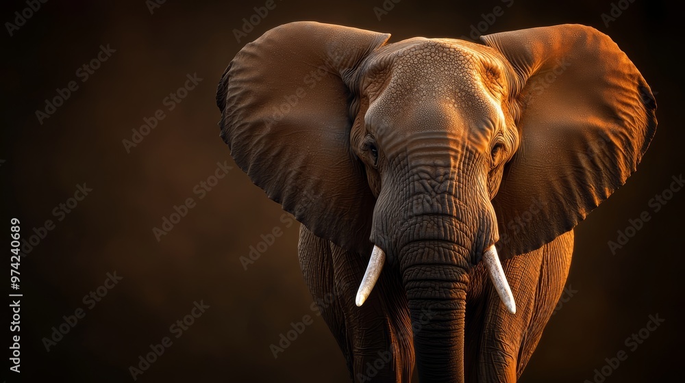 Obraz premium A tight shot of an elephant's head, displaying tusks fully extended and curled up