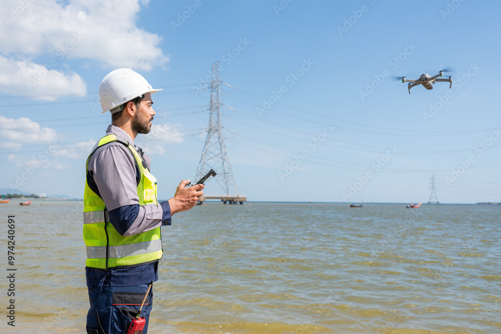 Engineer Specialists Pilot Drone on Construction Site. Architectural Engineer and Safety Engineering Inspector Fly Drone at industrial plant. Engineer Specialists Pilot Drone on Construction Site. Architectural Engineer and Safety Engineering Inspector Fly Drone at industrial plant.