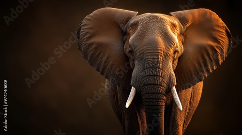  A tight shot of an elephant's head, displaying tusks fully extended and curled up