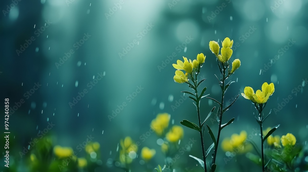 A tight shot of a plant boasting yellow blooms in the foreground, while the backdrop fades into a hazy grove of trees A tight shot of a plant boasting yellow blooms in the foreground, while the backdrop fades into a hazy grove of trees