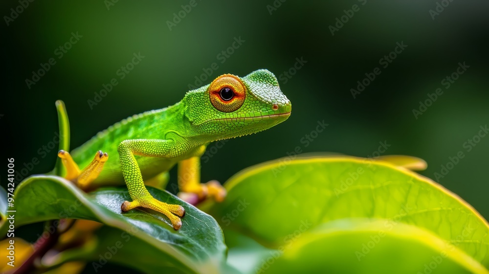 A chameleon sits atop a green leafy plant, nearby is another identical one A chameleon sits atop a green leafy plant, nearby is another identical one
