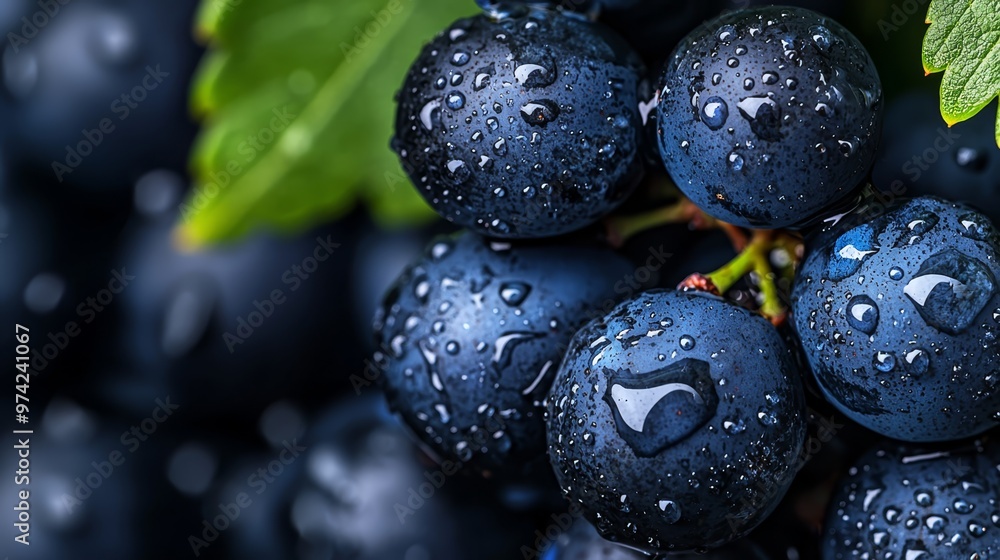A tight shot of clusters of grapes with water droplets and a verdant leaf in the backdrop A tight shot of clusters of grapes with water droplets and a verdant leaf in the backdrop