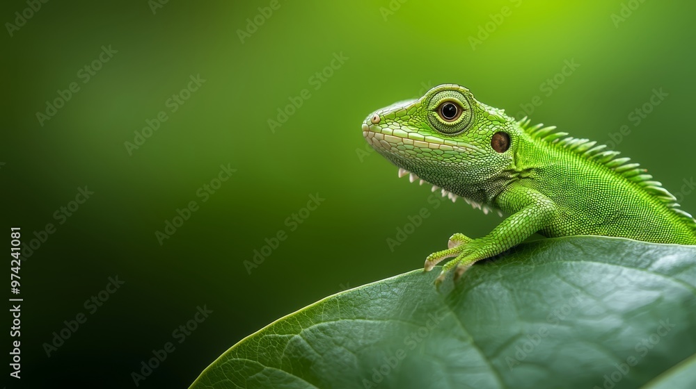 A tight shot of a green lizard atop a verdant leaf, surrounded by a softly blurred green backdrop A tight shot of a green lizard atop a verdant leaf, surrounded by a softly blurred green backdrop