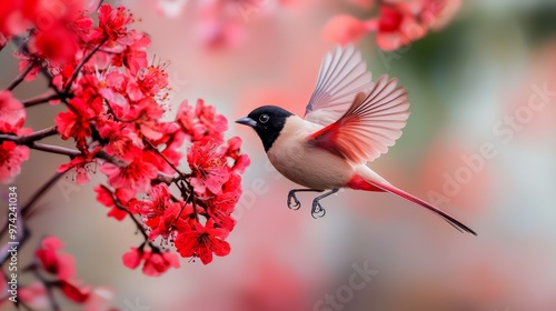  A bird perched by a tree adorned with red flowers, against a softly blurred backdrop of pink and red blooms
