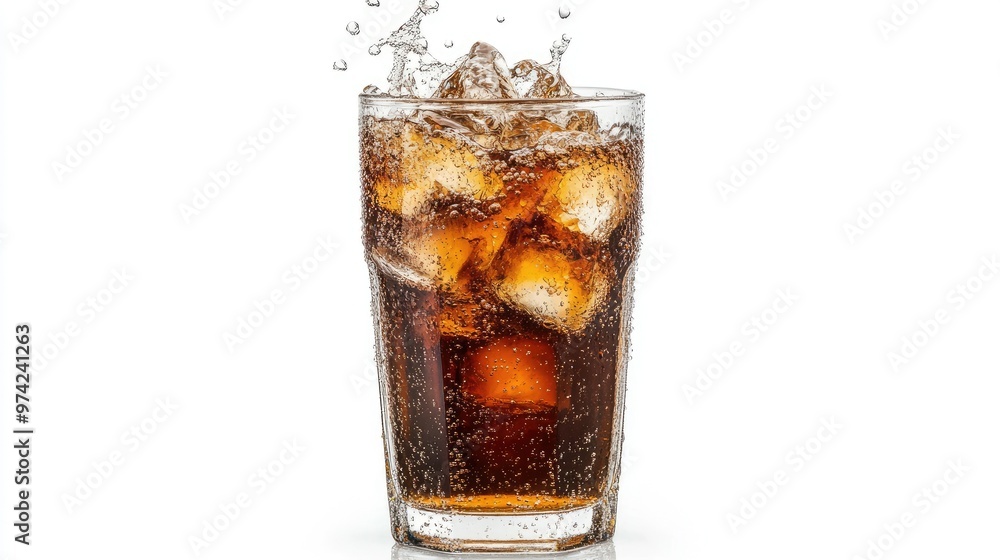 A tall glass of cola with ice cubes and a splash of liquid. A tall glass of cola with ice cubes and a splash of liquid.