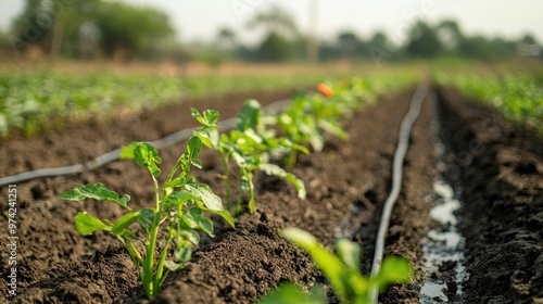 Close-up of a South Asian drip irrigation system in a crop field.