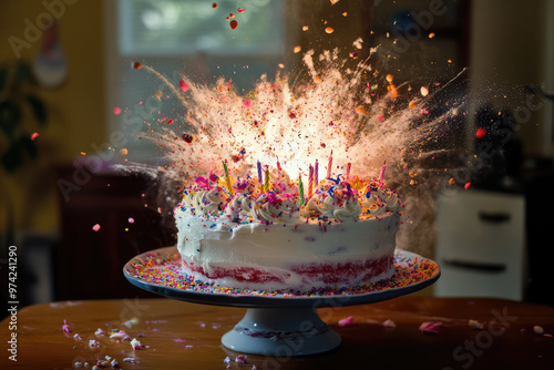 An image of a vibrant birthday cake exploding with colorful sprinkles and candles, capturing the essence of celebration, joy, and surprise in a festive indoor setting. photo