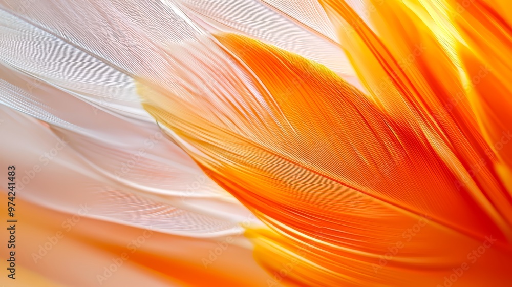 A tight shot of an orange and white bird's feathers, background softly blurred with similar hues A tight shot of an orange and white bird's feathers, background softly blurred with similar hues