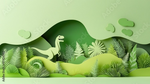 A whimsical paper-cut scene featuring a dinosaur amidst lush greenery and playful shapes, perfect for a child-friendly design. photo