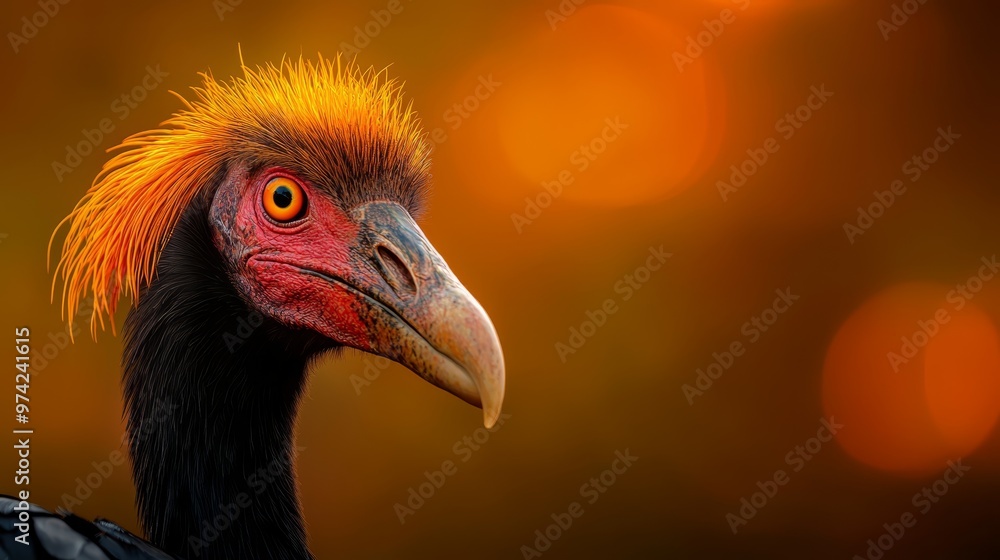 A red-headed bird with orange feathers, closely framed, against a blurred background A red-headed bird with orange feathers, closely framed, against a blurred background