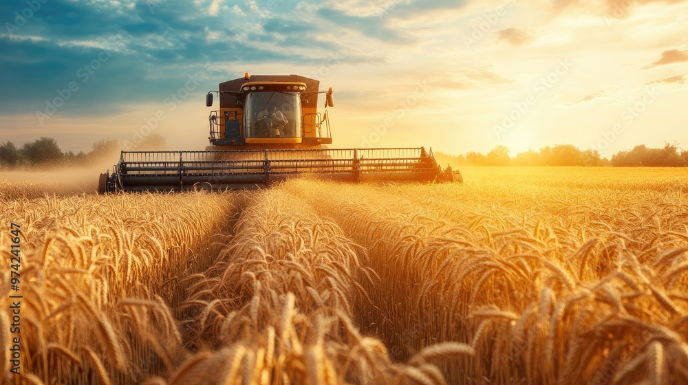 South Asian combine harvester working in a wheat field. No people, copy space South Asian combine harvester working in a wheat field. No people, copy space