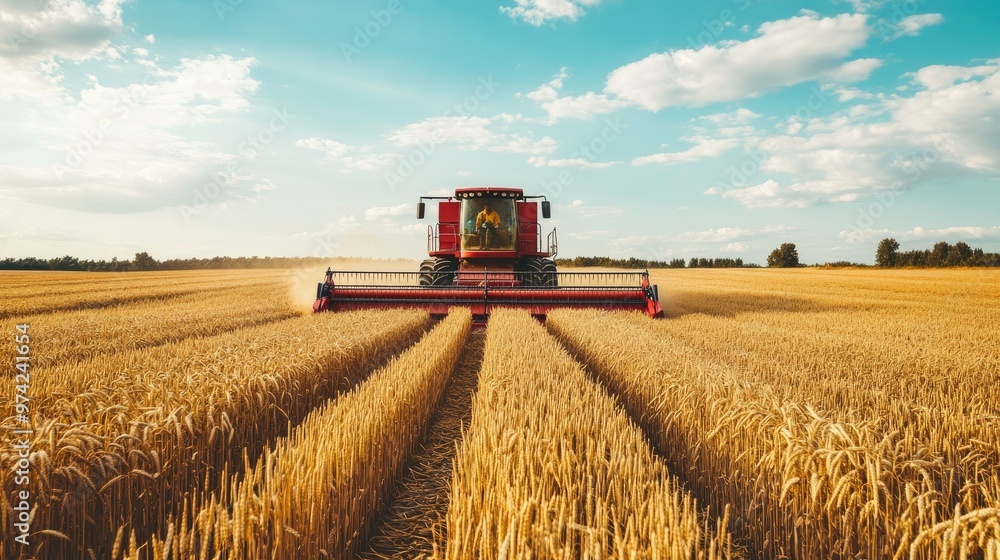 Fototapeta premium South Asian combine harvester working in a wheat field. No people, copy space