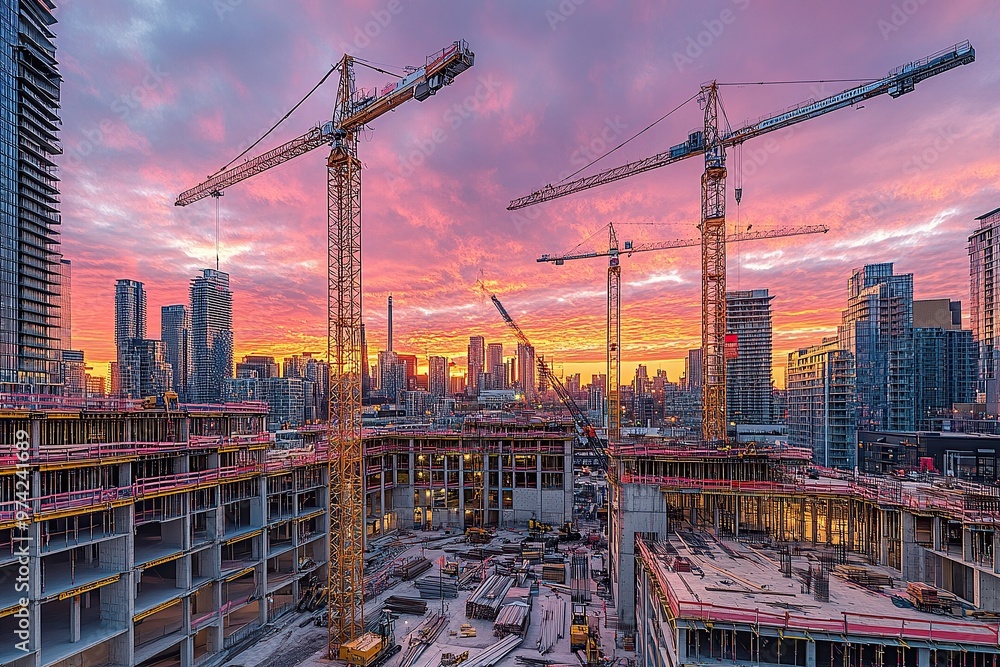 A wide-angle view of the construction site in downtown Toronto, with cranes and building structures A wide-angle view of the construction site in downtown Toronto, with cranes and building structures