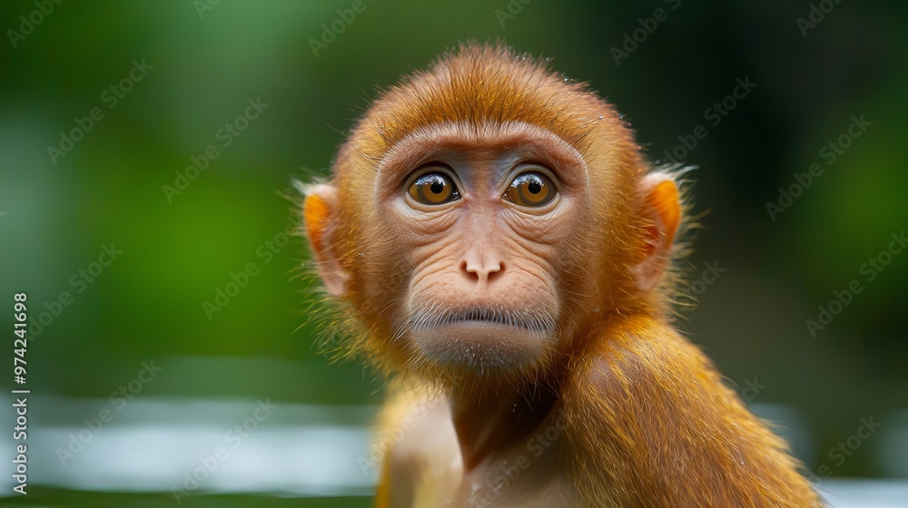Fototapeta premium A tight shot of a monkey's face with out-of-focus trees behind