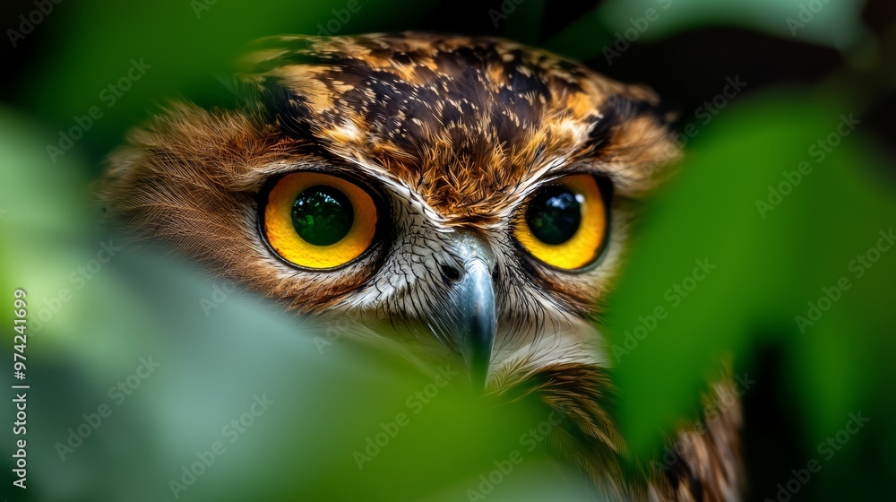 A tight shot of an owl's face, its yellow eyes piercing the frame, a green leaf in sharp focus in the foreground A tight shot of an owl's face, its yellow eyes piercing the frame, a green leaf in sharp focus in the foreground