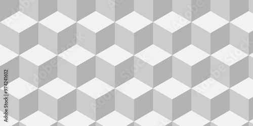Abstract white and gray style minimal blank cubic. Geometric pattern illustration mosaic, square and triangle cube white background wallpaper.