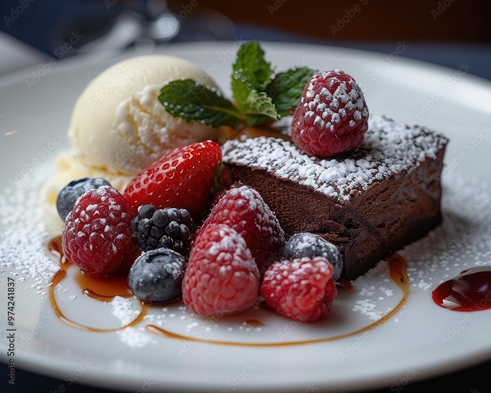 Closeup of chocolate fondant with a molten center, paired with a scoop of vanilla ice cream, fresh berries on the side, soft lighting, eyelevel view, elegant dessert setting Closeup of chocolate fondant with a molten center, paired with a scoop of vanilla ice cream, fresh berries on the side, soft lighting, eyelevel view, elegant dessert setting