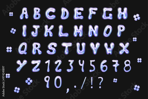 3d holographic inflated letters and numbers set. Y2k holographic chrome 3d text style
