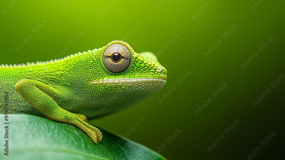 Fototapeta premium A tight shot of a green chameleon atop a verdant leaf against a softly blurred backdrop