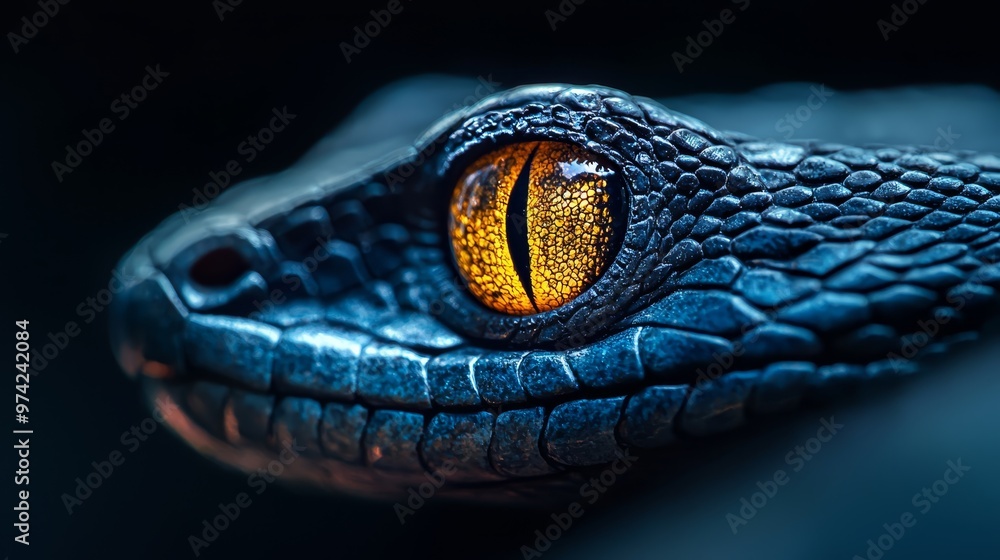 Fototapeta premium A tight shot of a blue alligator's eye featuring a yellow pupil
