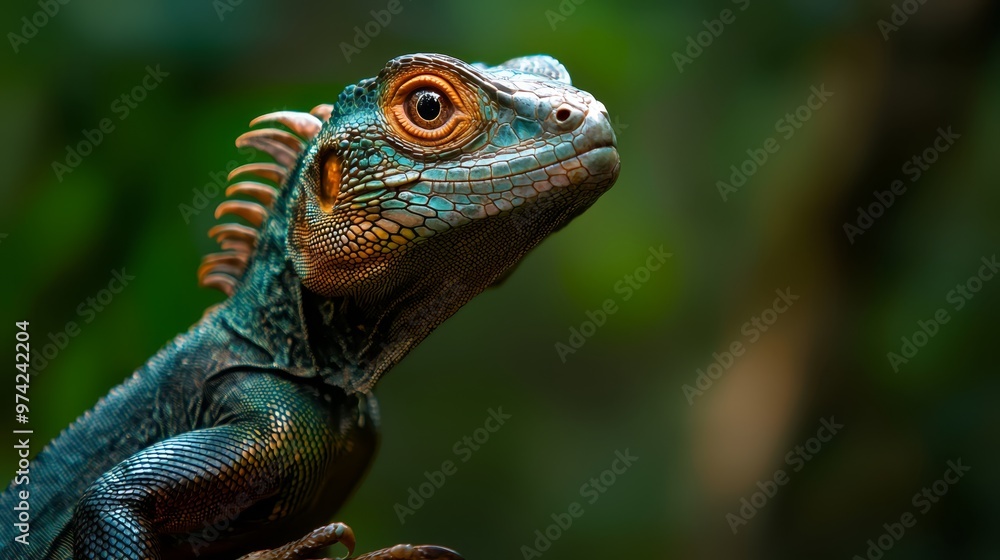 A tight shot of an iguana perched on a branch, surrounded by a softly blurred backdrop of trees A tight shot of an iguana perched on a branch, surrounded by a softly blurred backdrop of trees
