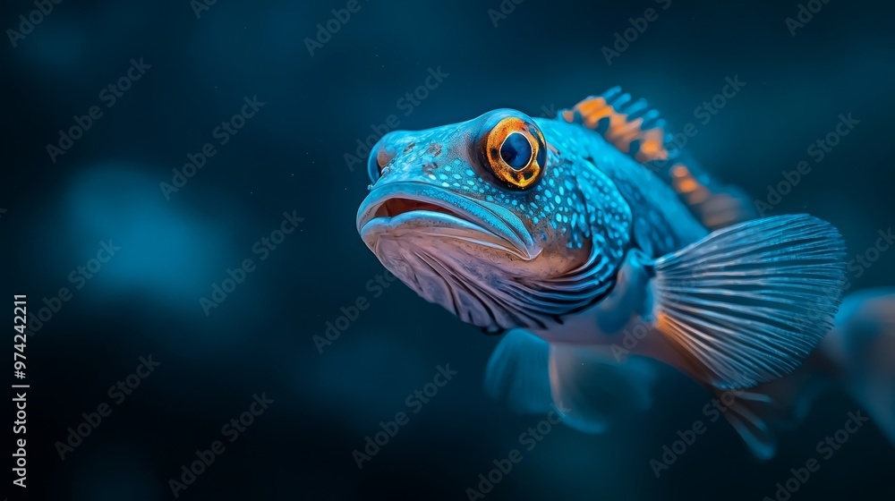 A tight shot of a blue fish with an orange-white striped head against a black backdrop A tight shot of a blue fish with an orange-white striped head against a black backdrop