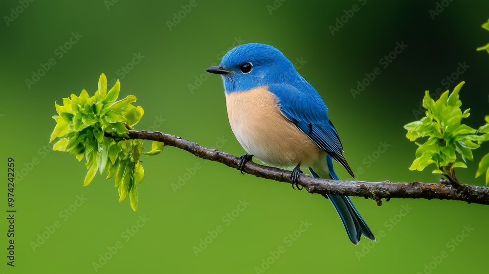 A blue bird perched atop a green tree branch, adorned with leafy foliage A blue bird perched atop a green tree branch, adorned with leafy foliage