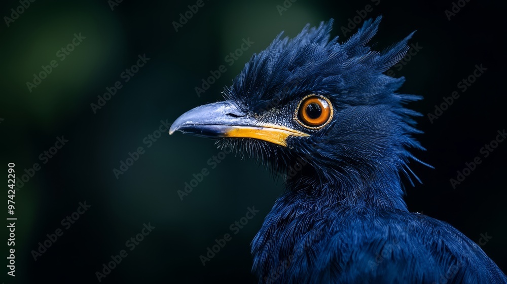 A tight shot of a blue bird against a black backdrop, its yellow beak contrasting vividly Trees in the distance, blurred, frame the scene A tight shot of a blue bird against a black backdrop, its yellow beak contrasting vividly Trees in the distance, blurred, frame the scene