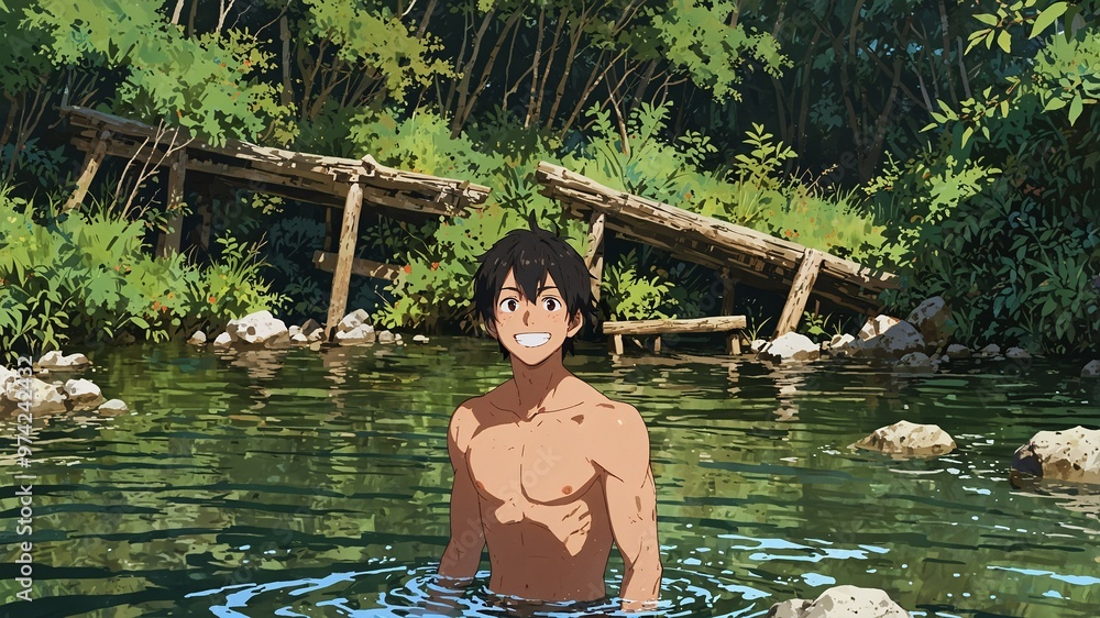 Fototapeta premium Anime muscular teenager standing in water, background features lush greenery forest.