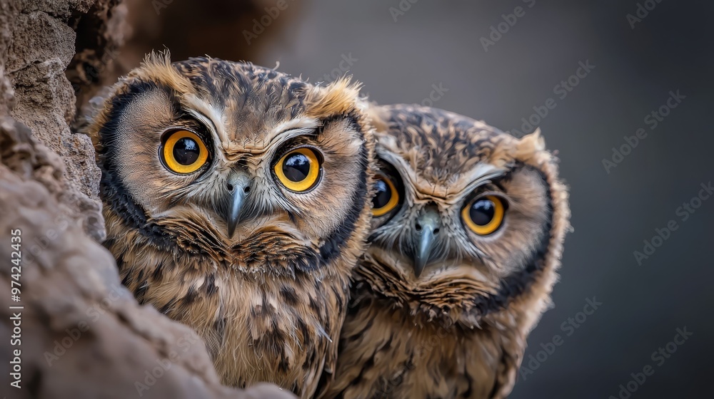 Two owls perch side by side atop a mound of dirt in the center of a field Two owls perch side by side atop a mound of dirt in the center of a field