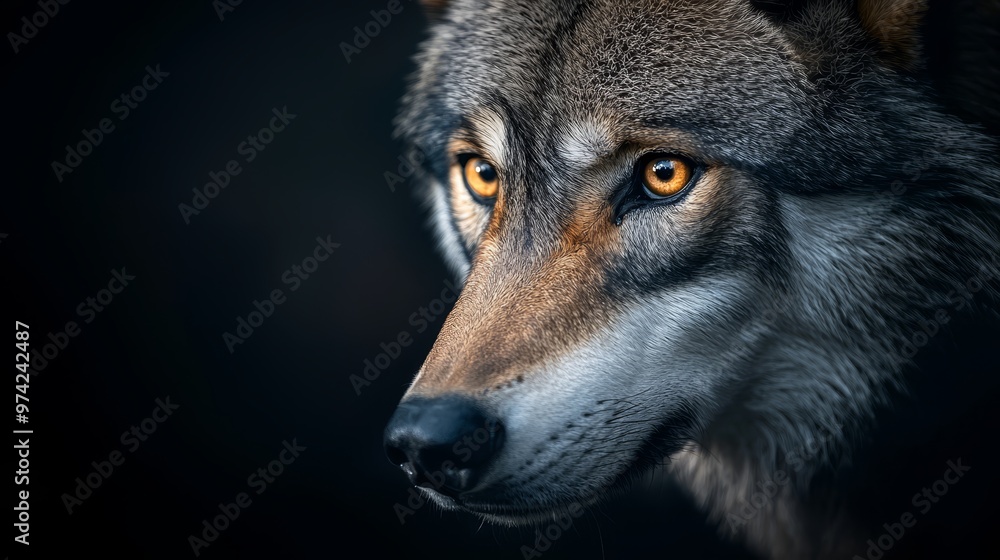 A tight shot of a wolf's face, its intense gaze and yellow eyes gleaming in the frame A tight shot of a wolf's face, its intense gaze and yellow eyes gleaming in the frame