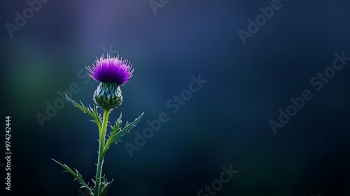  A tight shot of a purple blossom atop its stem against a hazy backdrop of deep blue and verdant greens