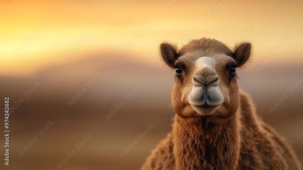 Obraz premium A tight shot of a camel's face with a hazy, indistinct sky behind it and a similarly blurred sky in front