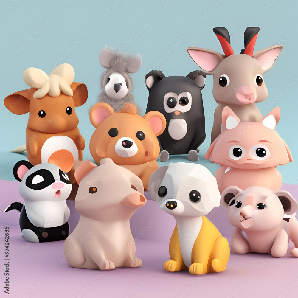 Obraz premiumA collection of cute, cartoon animal figurines in various poses and colors.