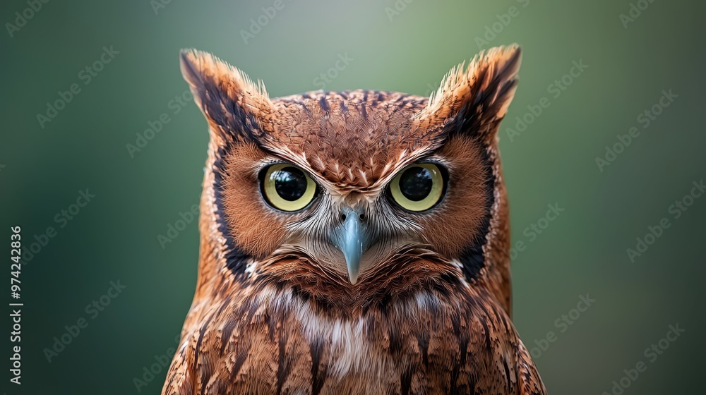 Fototapeta premium A tight shot of an owl's expressive face Green eyes gleam, contrasting against the indistinct background