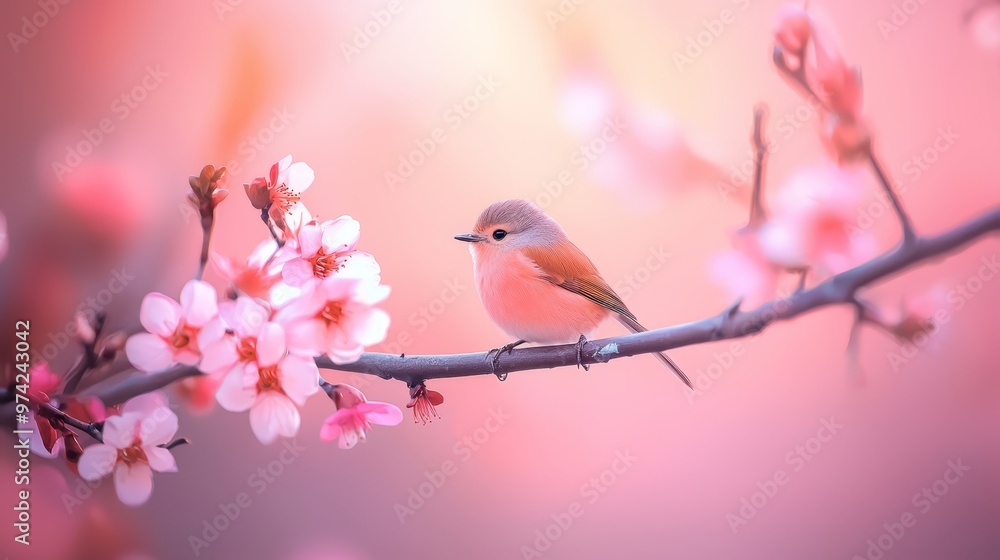 A small bird perched on a tree branch amidst pink flowers against a backdrop of pink and yellow A small bird perched on a tree branch amidst pink flowers against a backdrop of pink and yellow