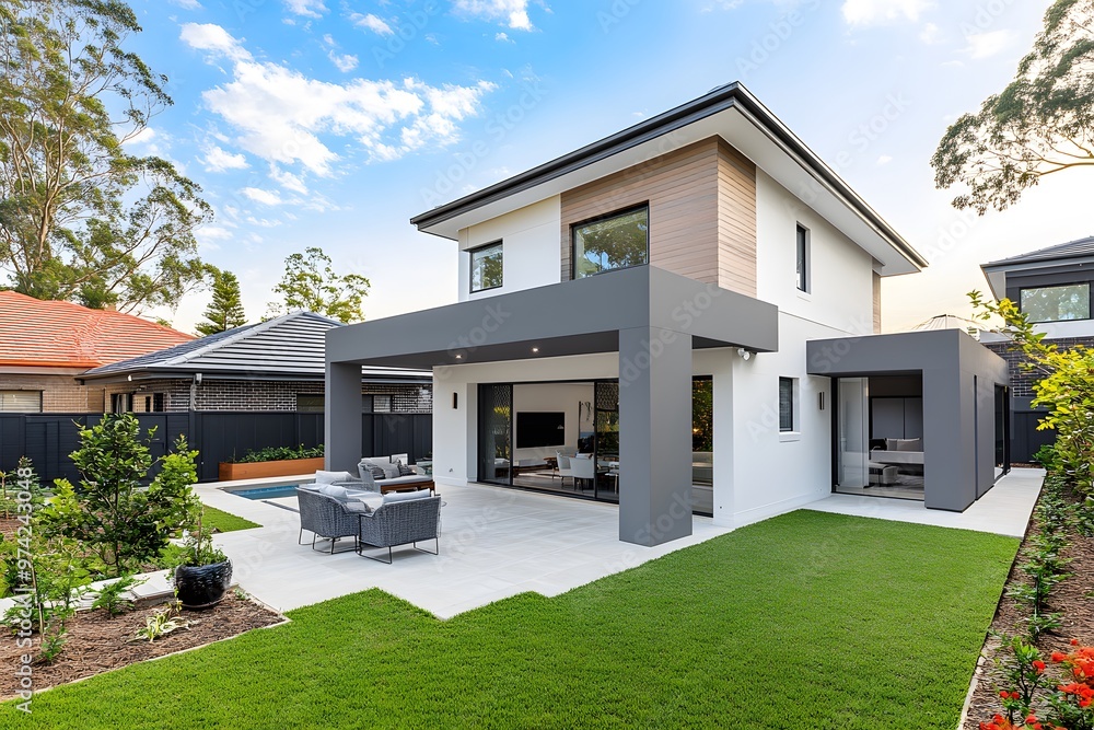Modern House Backyard with Patio and Lush Greenery Modern House Backyard with Patio and Lush Greenery