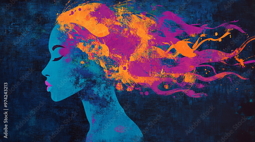 Abstract Depiction of a Woman's Profile with Bold Intersecting Lines and Vibrant Colors in Electric Blue, Fuchsia, and Bright Orange Abstract Depiction of a Woman's Profile with Bold Intersecting Lines and Vibrant Colors in Electric Blue, Fuchsia, and Bright Orange