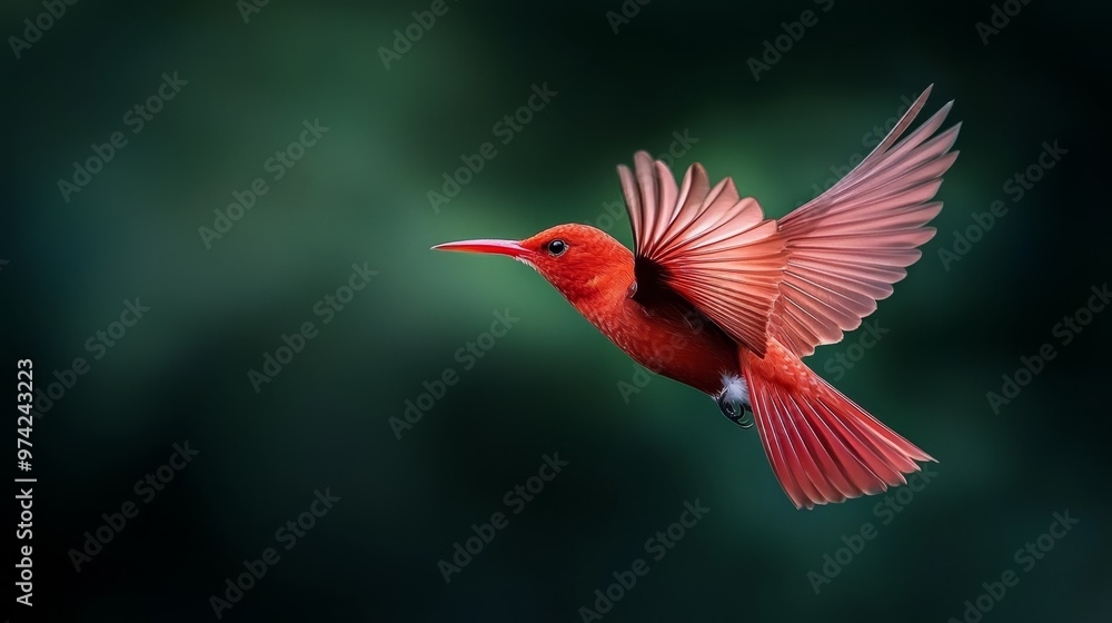 Obraz premium A red bird flies through the air, wings spread wide, head turned slightly aside