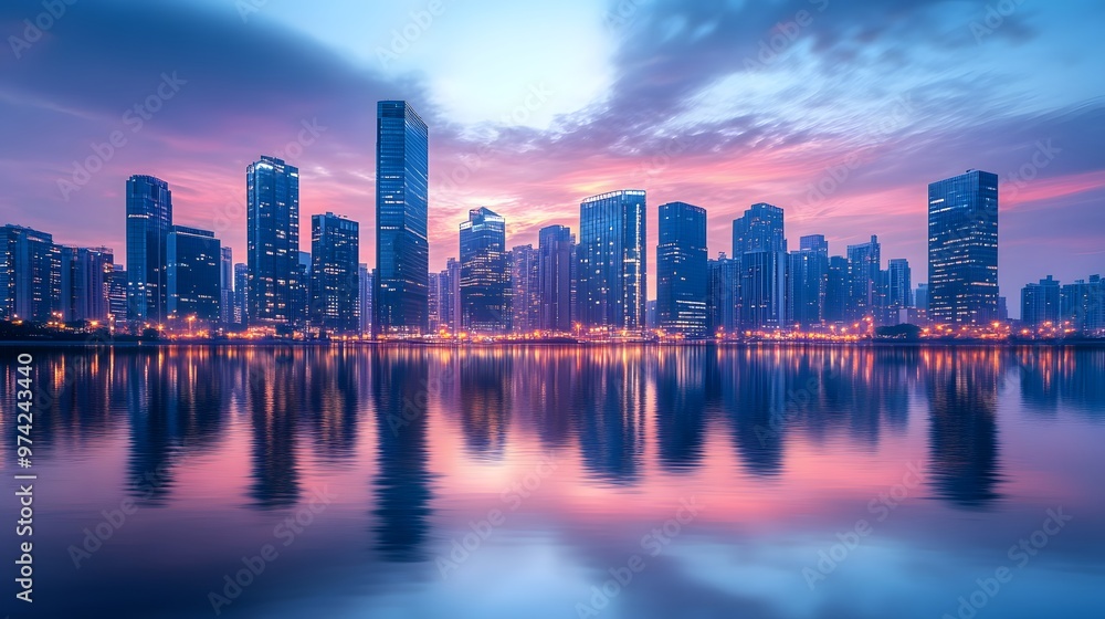 Fototapeta premium City skyline at dusk with glowing skyscrapers reflecting on a calm river, urban glowtime, serene and modern