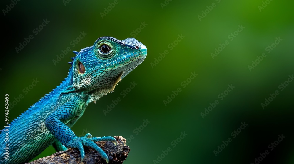 Fototapeta premium A tight shot of a lizard perched on a tree branch against a softly blurred backdrop of green foliage